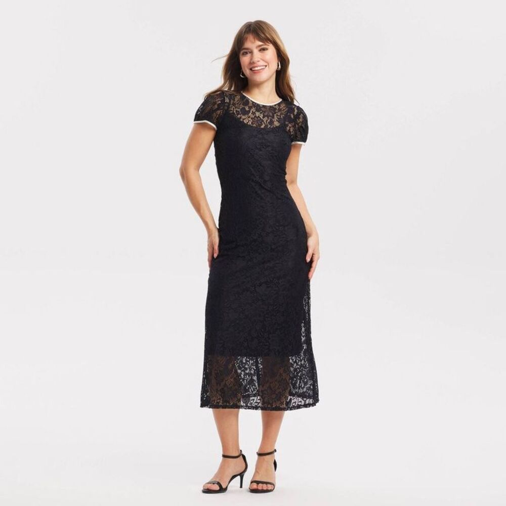 Women's Puff Short Sleeve Lace Midi Dress - A New Day Black XXL